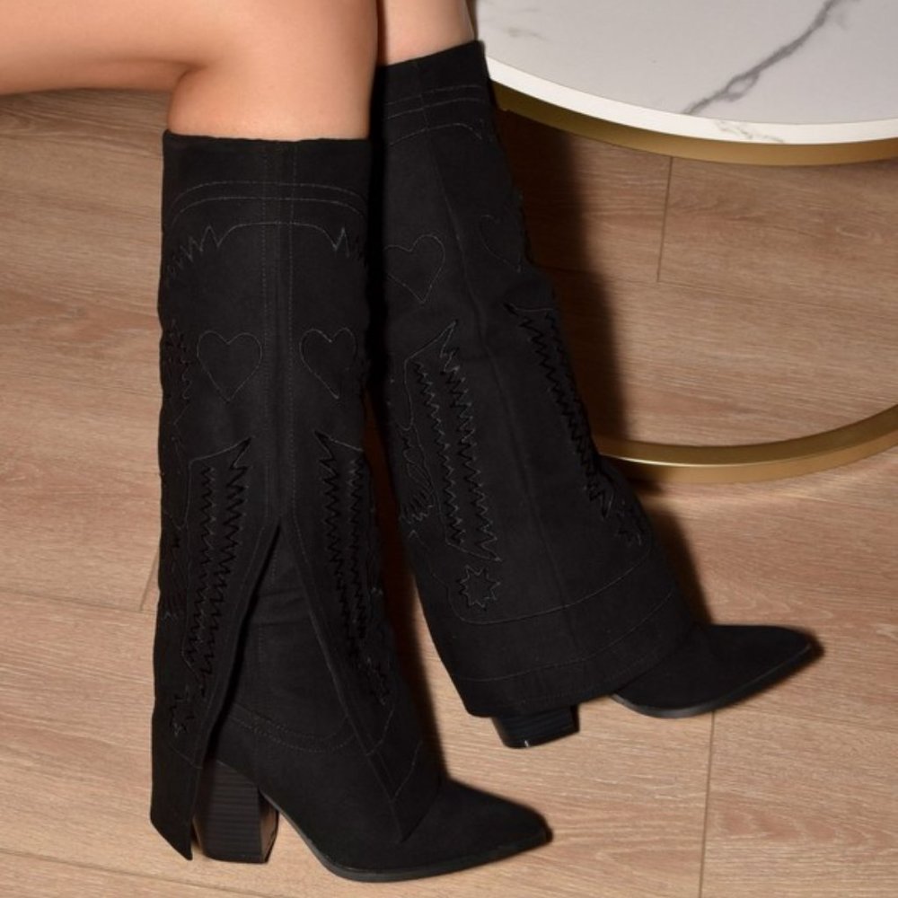 Embroidered Suede Fold Over Pointed Toe Heeled Cowboy Boots